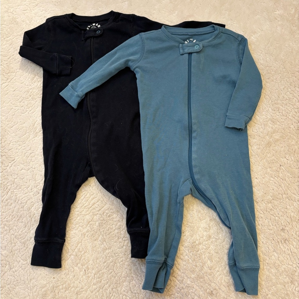 Primary Kids One Piece Footless Pajamas Twin Pack Black and Teal 6-9